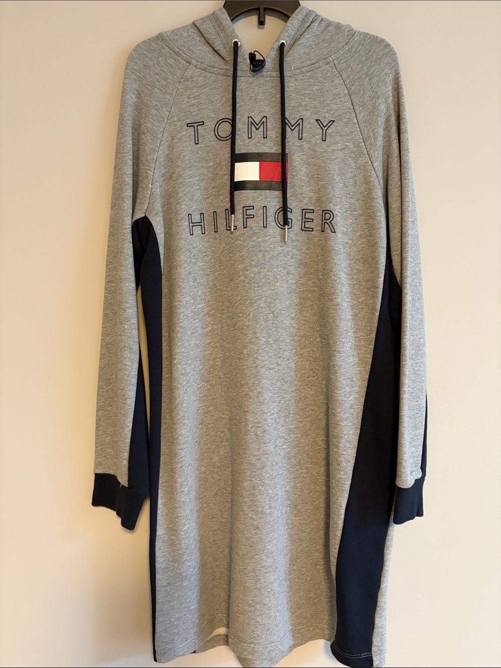 Tommy Hilfiger Gray Navy Hooded Long Sleeve Dress with Logo